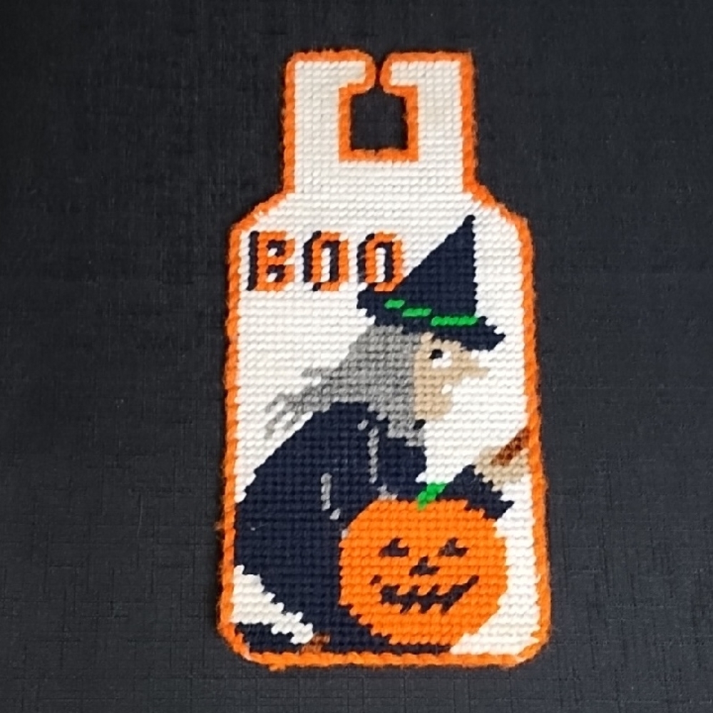 Vintage Needlepoint Yarn Halloween Witch Door Hanger with Jack O Lantern Pumpkin
